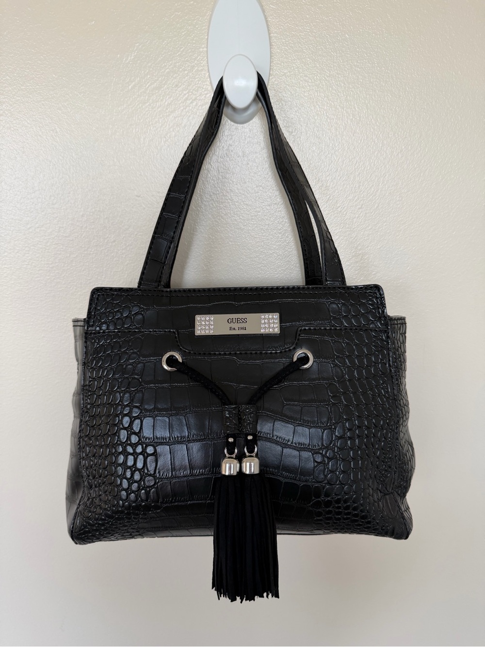 GUESS Black Croc Embossed Handbag Satchel with Tassel and Crystal Silver Logo